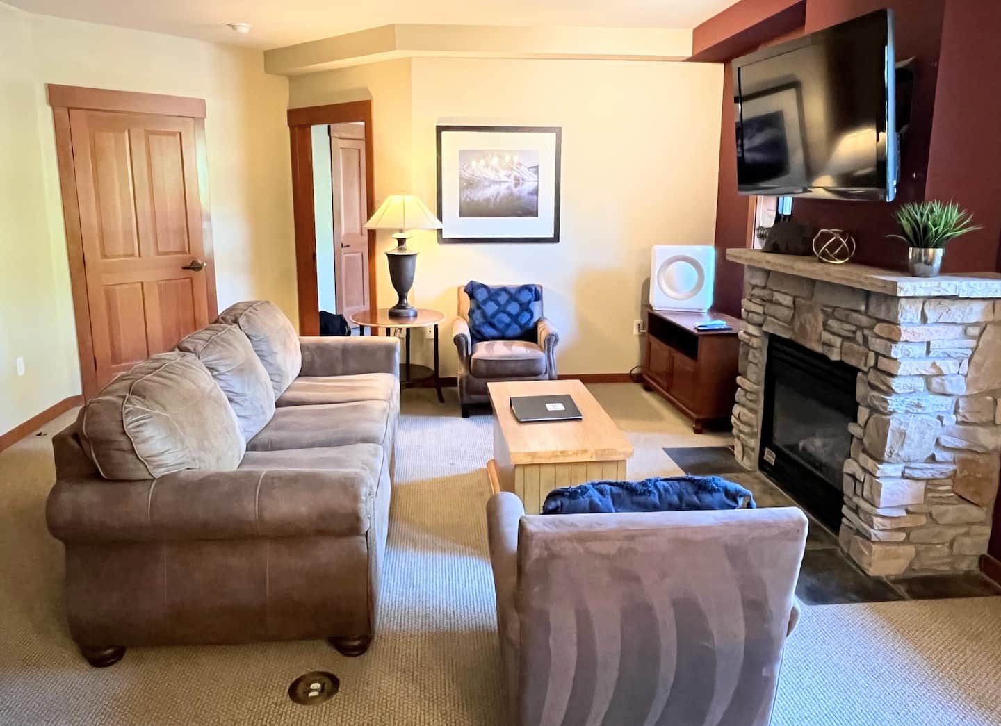 Living room with fireplace and sofa bed